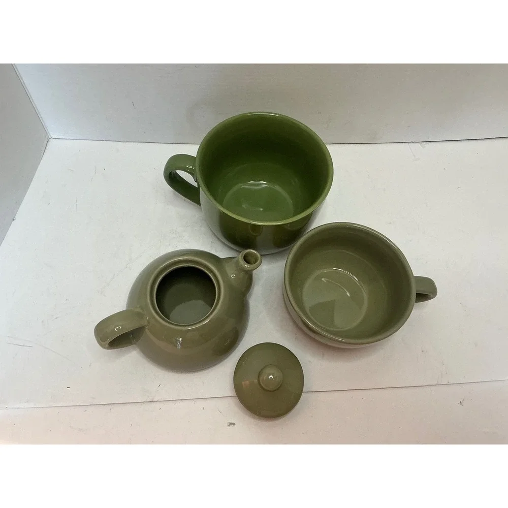 Pier 1 Tea for One Set Sage Green Ceramic Stackable Teapot and Cup Small Minimal